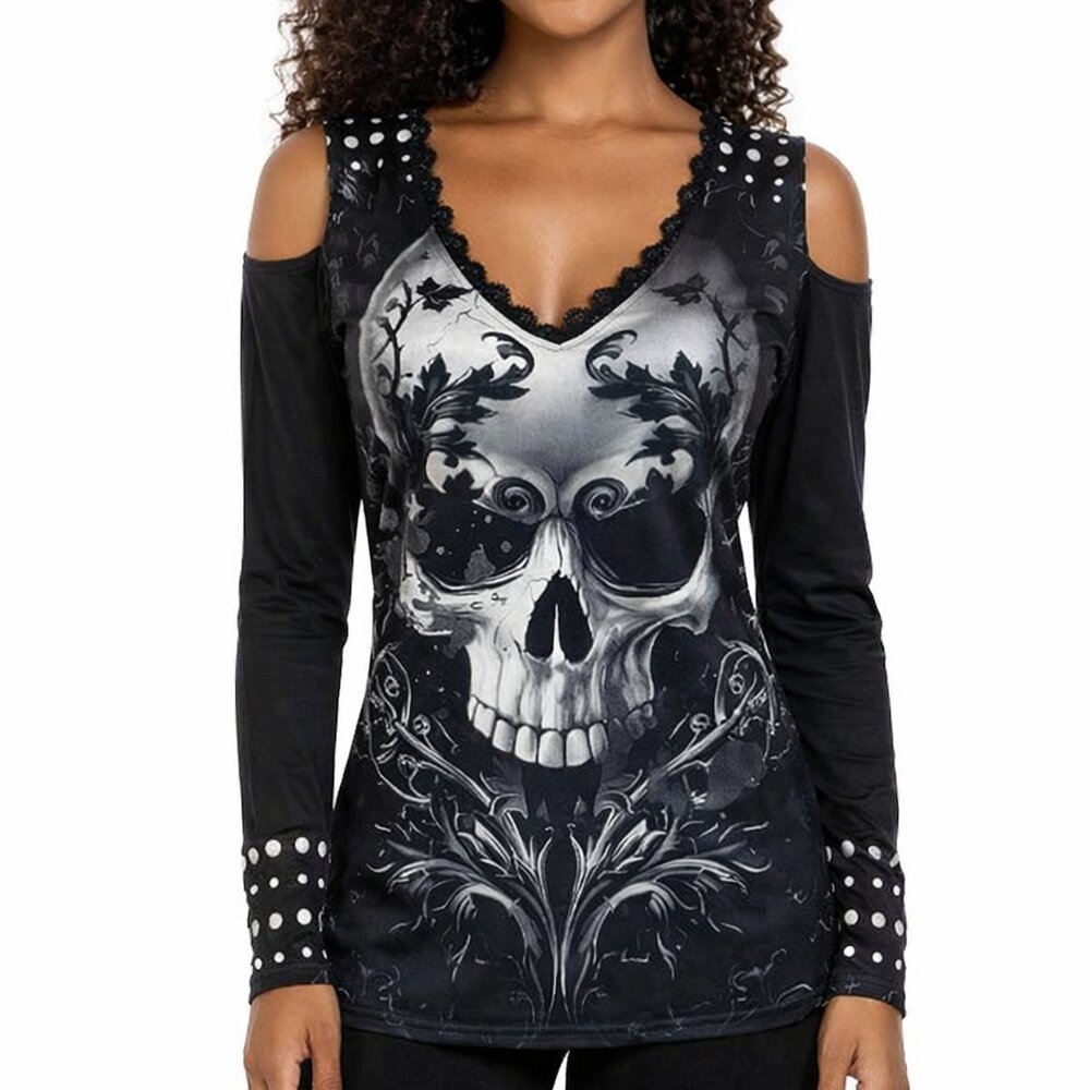 Mall Goth Skull Graphic Cold Shoulder Top Lace Trim XL